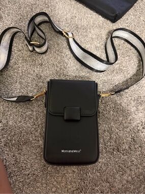 Montana West Black Crossbody Phone Pouch with White-Striped Strap